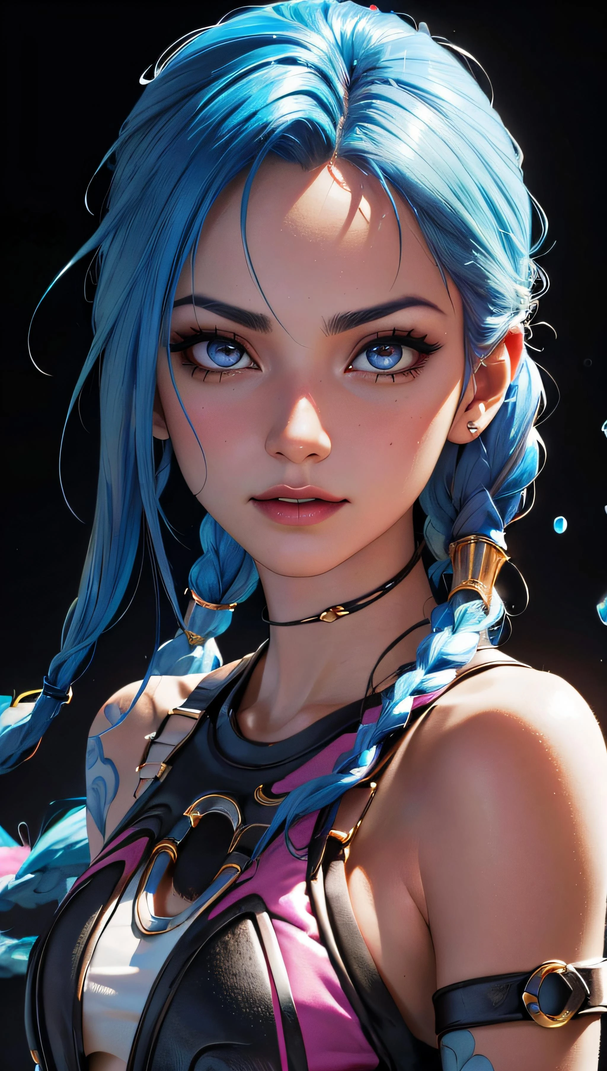 A woman with blue hair and blue eyes wearing a black top - SeaArt AI