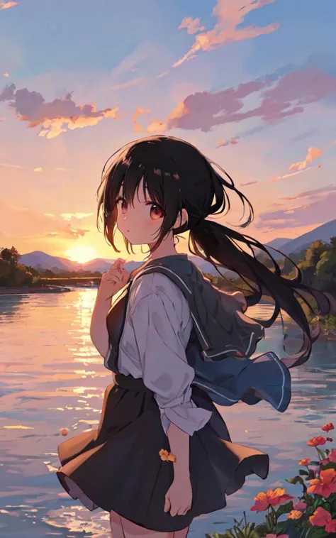 anime girl standing by the water with a backpack and flowers