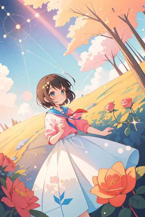 a girl in a white dress standing in a field of flowers