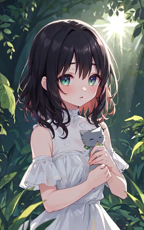 a girl in a white dress holding a cat in a forest