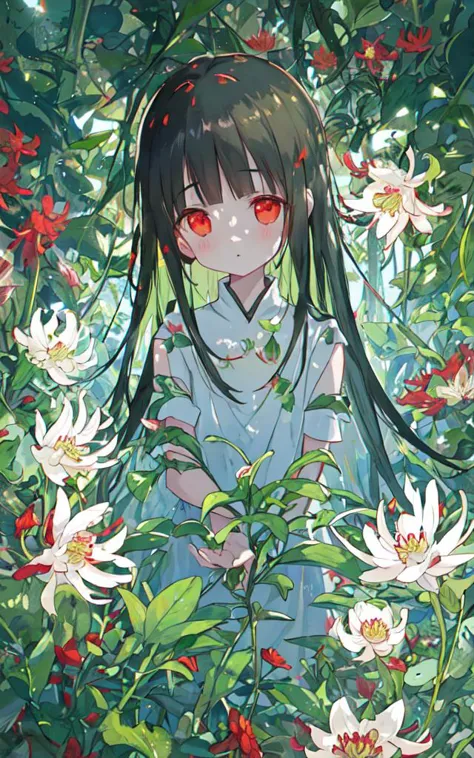 anime girl in a garden with flowers and plants