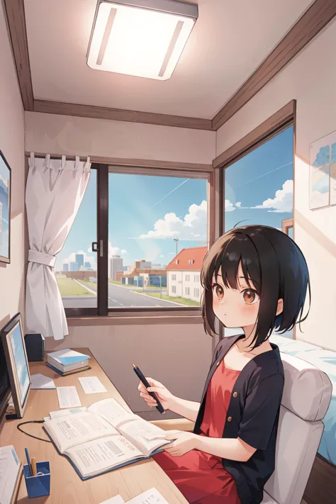 anime girl sitting at a desk with a cell phone and a laptop