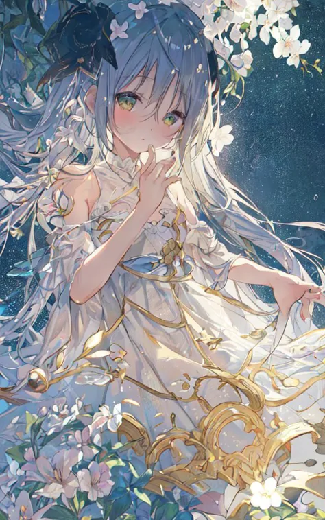 a girl in a white dress standing in a field of flowers