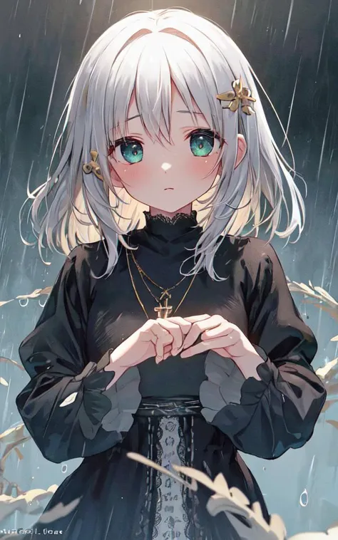 a girl with white hair and green eyes standing in the rain