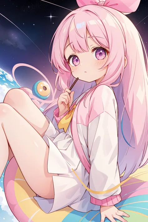 anime girl with pink hair and a pink bow sitting on a blanket