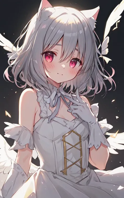 1girl,cat ears,animal ear fluff,hair ribbon,pink eyes,grey hair,short hair,bangs,hair between eyes,eyebrows visible through hair,blush,closed mouth,light smile,neck ribbon,white white gloves,skirt,frilled_collar,crease,flat chest,, (demon girl),
upper body,head and shoulders portrait,
black background,plant,
[dynamic angle],
Alluring, Flirtatious,Amative,
hair behind ear,[beauty spot],[lipstick:1.2],
beautiful detailed and gradient Googly Eyes,[ruby_eyes],
dark makeup,short_hair,curly hair, gradient hair,
beautiful Eurasian,detailed gorgeous face,
wearing a white dress,
perfect lighting,reflection light,soft light,Halogen,Crepuscular Rays,
attractive,appealing,energetic,soothing,
hyperdetailed photography,Split-Complementary-Colors,
Elegant, Angelic,cryptic, Dramatic,
best quality,award winning,outstanding,