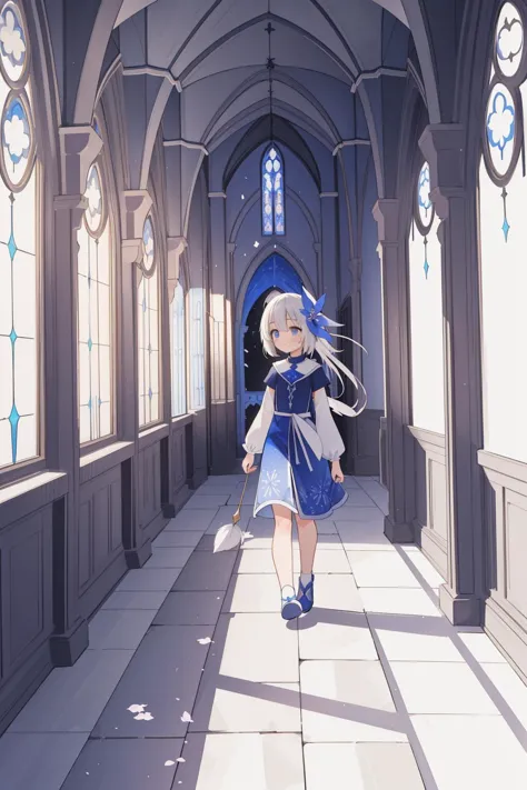 anime girl in a blue dress walking down a long hallway