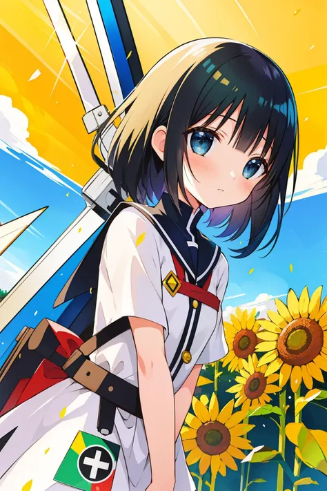 anime girl with a sword and sunflowers in the background