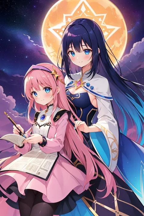 two anime girls with long hair and blue eyes standing in front of a full moon