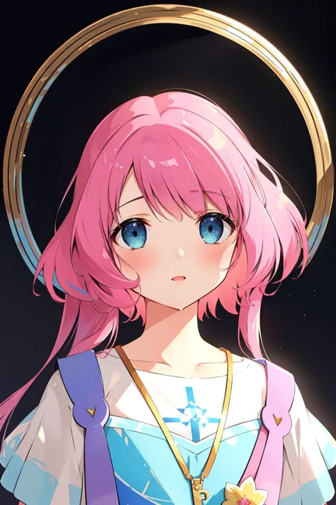 a close up of a person with pink hair and a halo