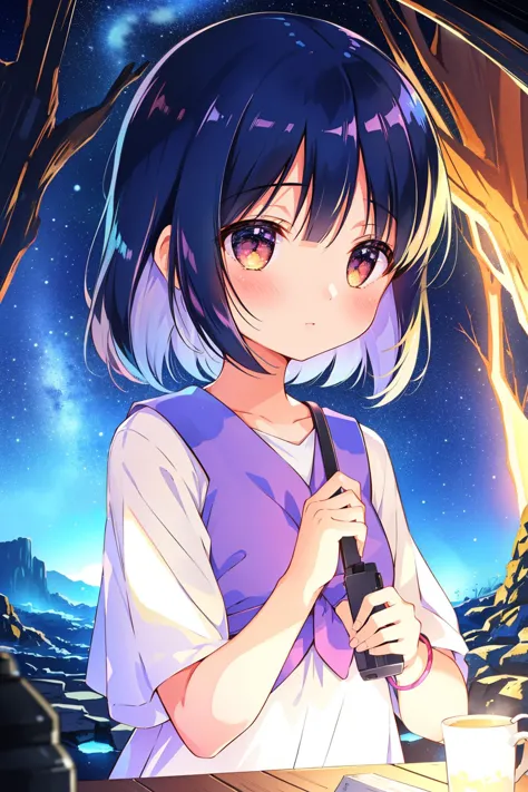 anime girl with a microphone in front of a night sky