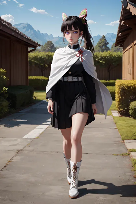 anime girl in a black and white outfit walking down a sidewalk