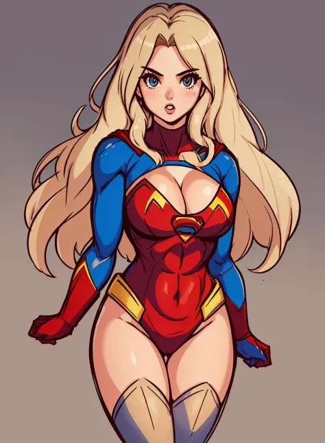draw of a supergirl,
blonde hair,   cleavage, cute superhero suit, large breasts,  long hair,  solo,
<lora:Flat_Cute_Style-000004:.7>
