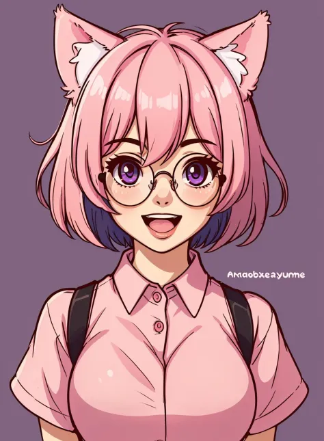 1girl, animal ears, artist name, black eyes, glasses, looking at viewer, open mouth, pink hair, pink shirt, purple background, round eyewear, shirt, short hair, simple background, smile, solo
<lora:Flat_Cute_Style-000004:.7>
