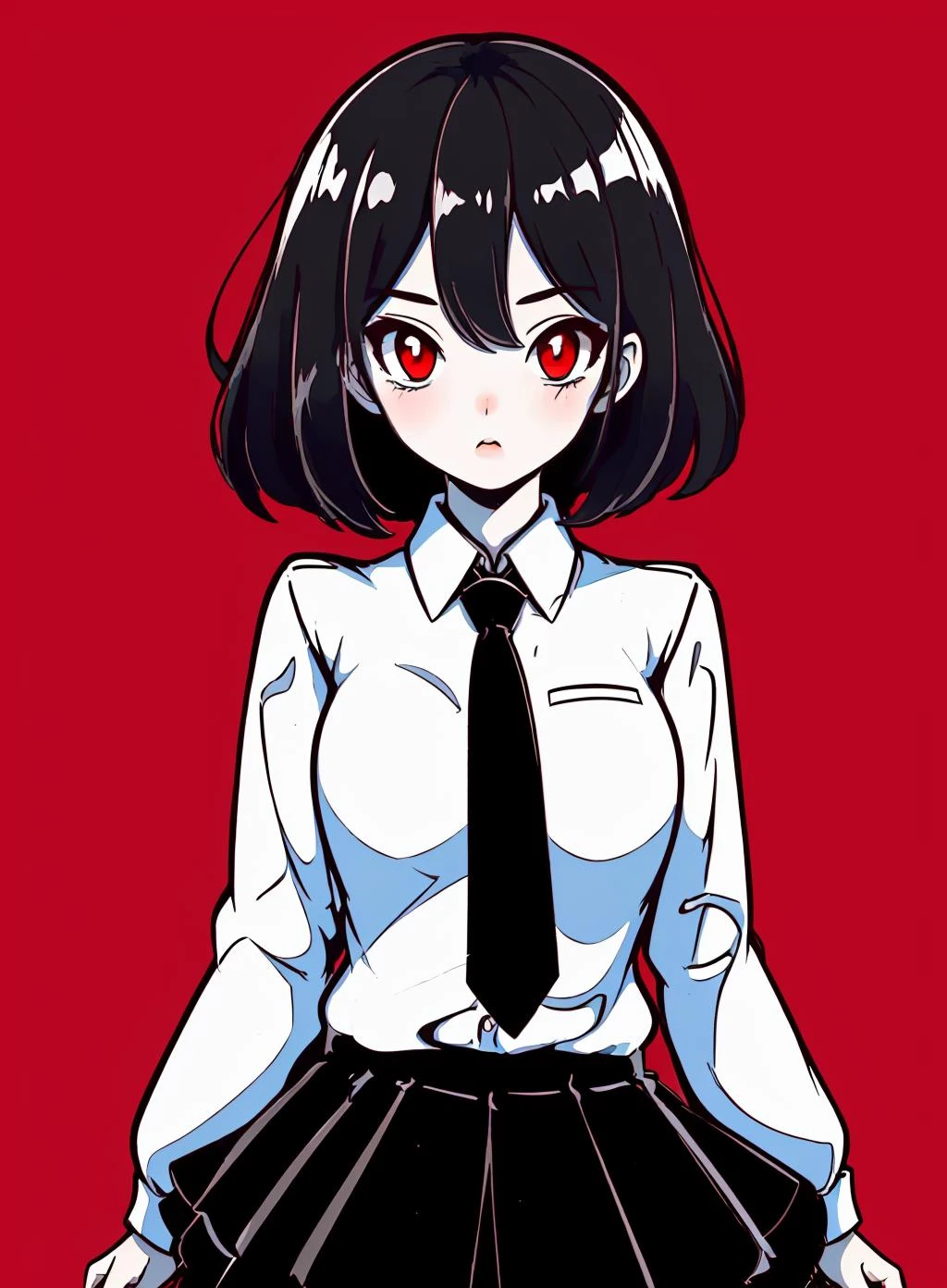 1girl, black hair, black necktie, collared shirt,  long sleeves, looking at viewer, necktie, red background,  shirt, simple background, skirt, solo, minimum detail:2, only black and white, no details
