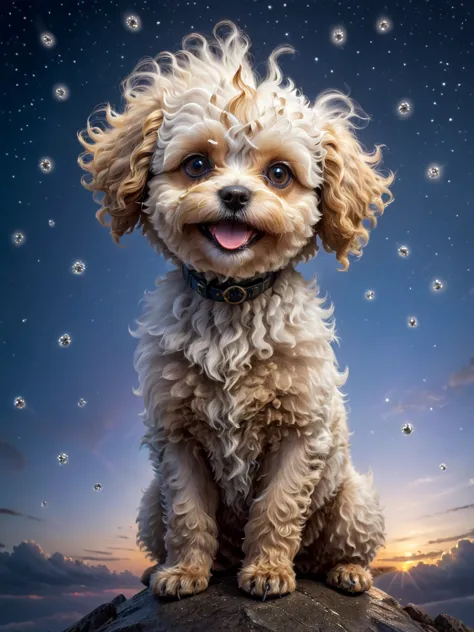 a close up of a dog sitting on a rock with bubbles in the air