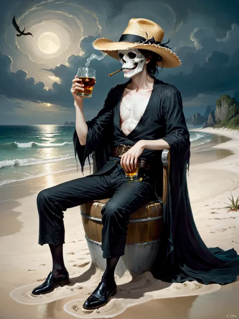 Dark Fantasy, death drinking whiskey on a beach, evening, (straw hat), (romantic:1.4), (depression | melancholy:1.15), anguish horizon, longing, contrapposto, dynamic pose, 
 <lora:Gerald_Brom_XL_-_Dark_Fantasy_Art:0.4> art by Gerald Brom, Dark Fantasy, <lora:d3qck artstyle:0.8> d3qck artstyle,