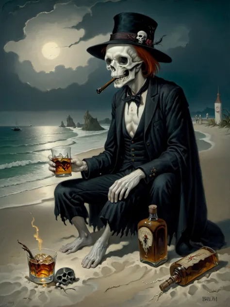 a painting of a skeleton sitting on the beach with a cigar and a glass