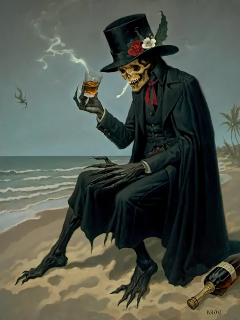 a painting of a skeleton in a top hat and cloak sitting on a beach