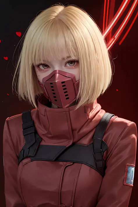 cpkiwi, highres, highest quallity, illustration,  ultra detailed, (detailed face), (detailed eyes), soft lighting, best quality, hyper detailed, masterpiece, 1girl, solo, short hair, blonde hair, red eyes, red coat, coat, belt, red pants, mask, luminous eyes, medium breasts, (colorful), looking at viewer, simple background
 <lora:KiwiV1:0.9>