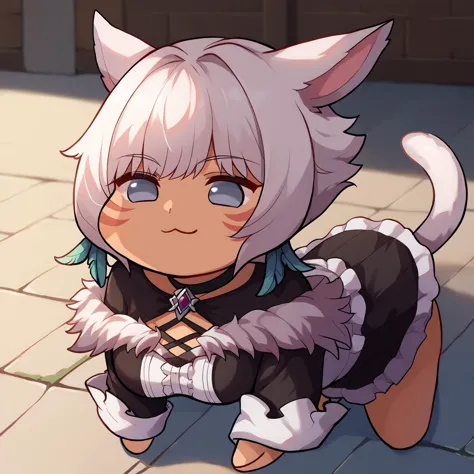 anime character with white hair and blue eyes and a cat costume