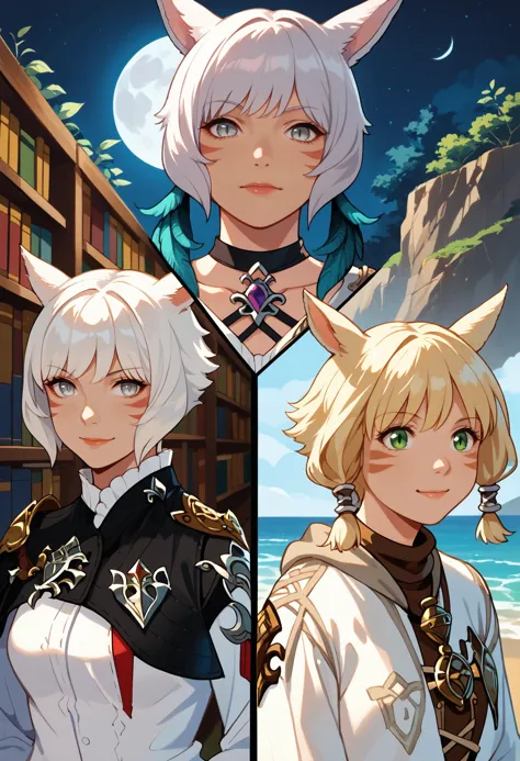 three anime characters with white hair and green eyes