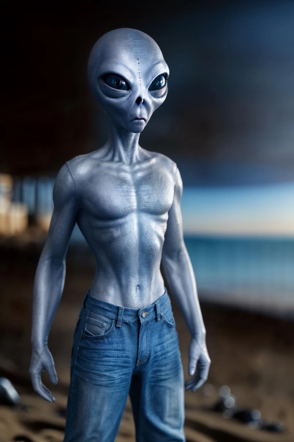 ((Кинематографический кадр)),((Выстрел на уровне глаз)),серый инопланетянин в футболке и джинсах на пляже 