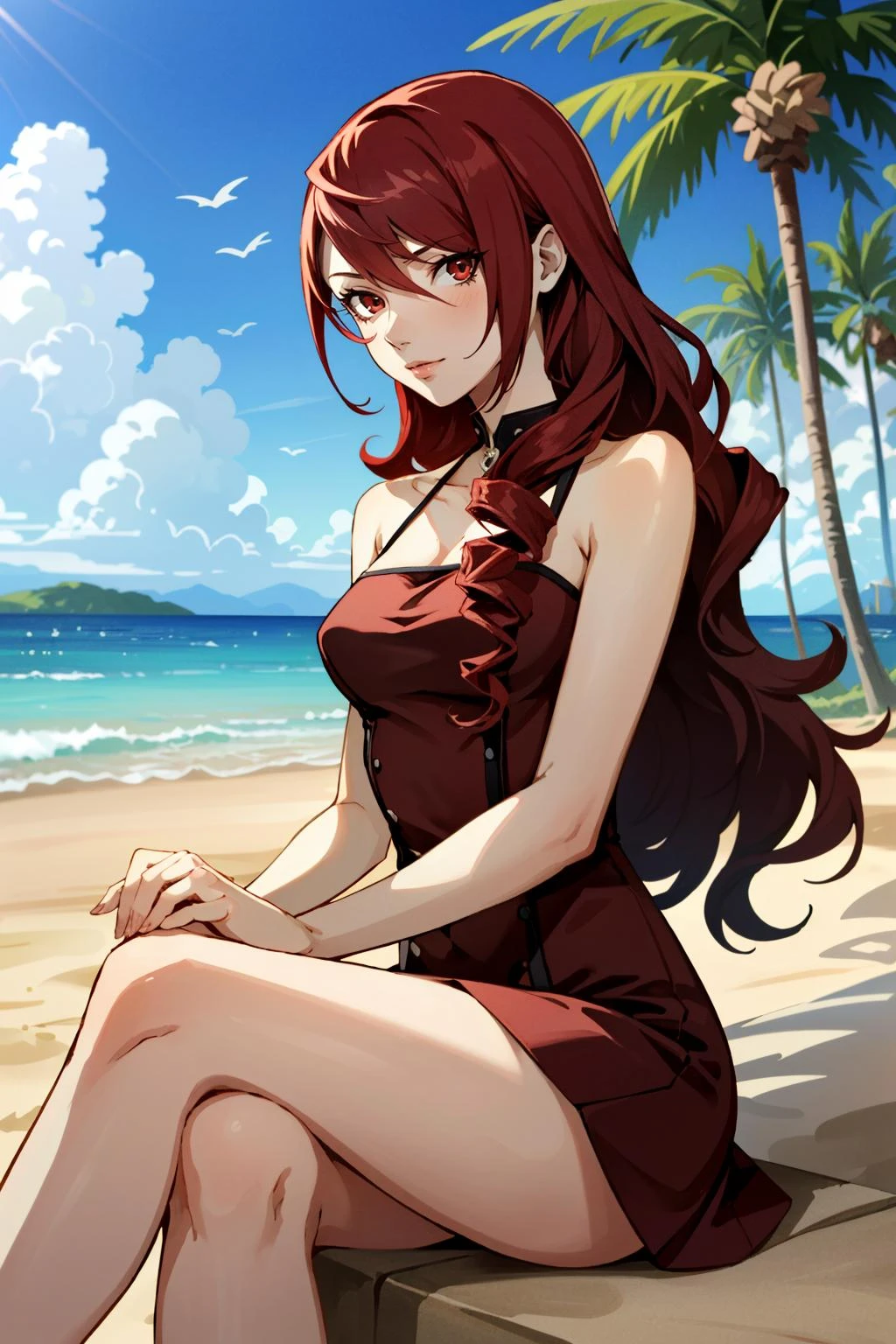 ((chef-d&#39;œuvre, meilleure qualité))
Persona3Mitsuru, 1fille, seulement, cheveux longs, cheveux roux, les yeux rouges, Sur la plage de sable, mini robe, palmiers en arrière-plan, Assis les jambes croisées