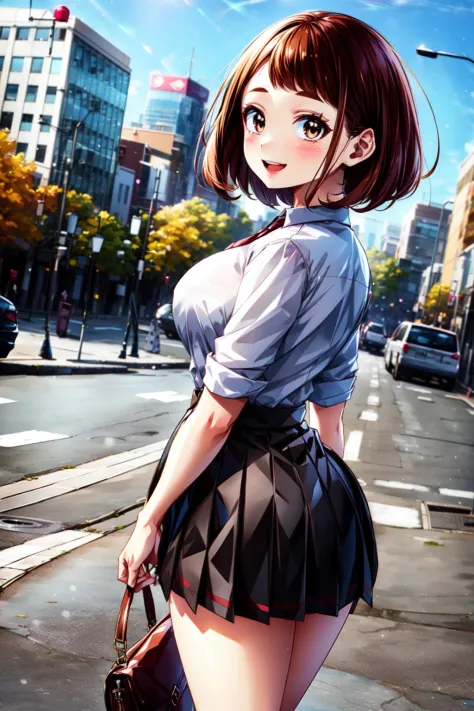 (best quality:1.2), 1girl, (masterpiece:1.2), raytracing, cute face, perfect face, ultra detailed,detailed face, 8k wallpaper, wide hips,  UrarakaOchako_NDV, 1girl, brown eyes, brown hair, large breasts, short hair, blush stickers, standing, outdoor, city, smile, open mouth, , skirt, shirt, tie, from behind