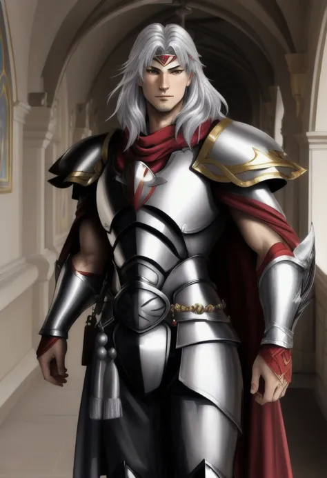 a man in armor standing in a hallway with a sword