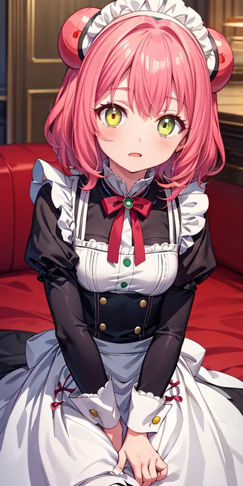 anime girl with pink hair and a white dress sitting on a red couch