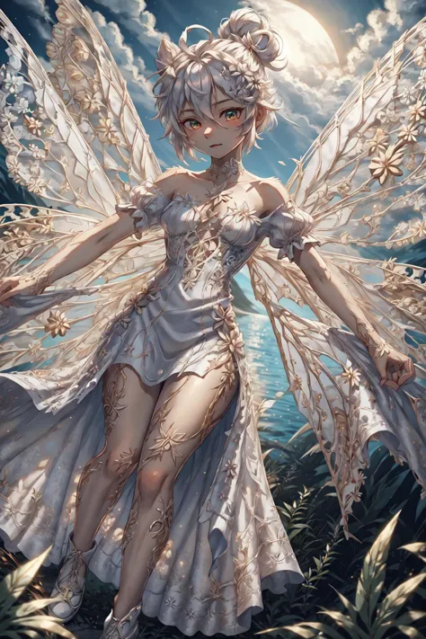 TinkerWaifu, single hair bun,fairy wings, in the air,
flying, full body, perfect hourglass body,
 fl0ralbusti3r, white dress, sh...