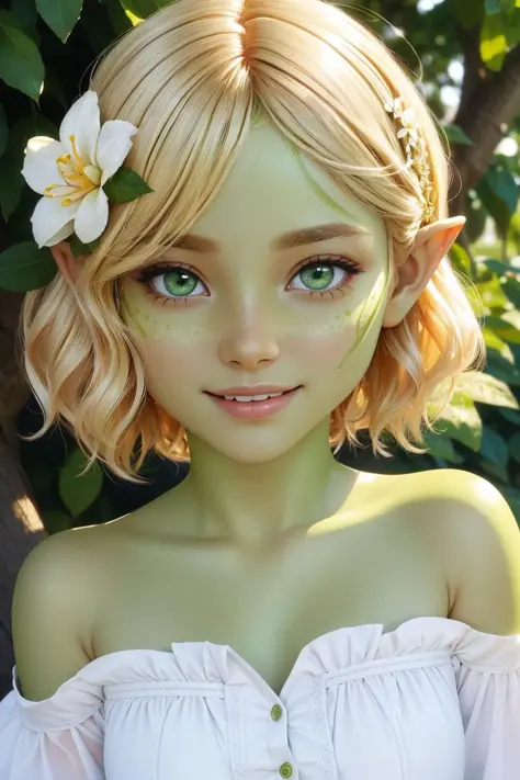 professional photo of wasabi, 1girl, solo, (green skin:1.4), (green eyes:1.2), pointy ears, colored skin, BREAK  hair ornament, blonde hair, short hair, hair flower, flower, smile, shirt, outdoors, outside,
detailed skin, detailed eyes, detailed face,
volumetric light, highrez, masterpiece, best quality,
<lora:wasabiV1:1:MIDD>