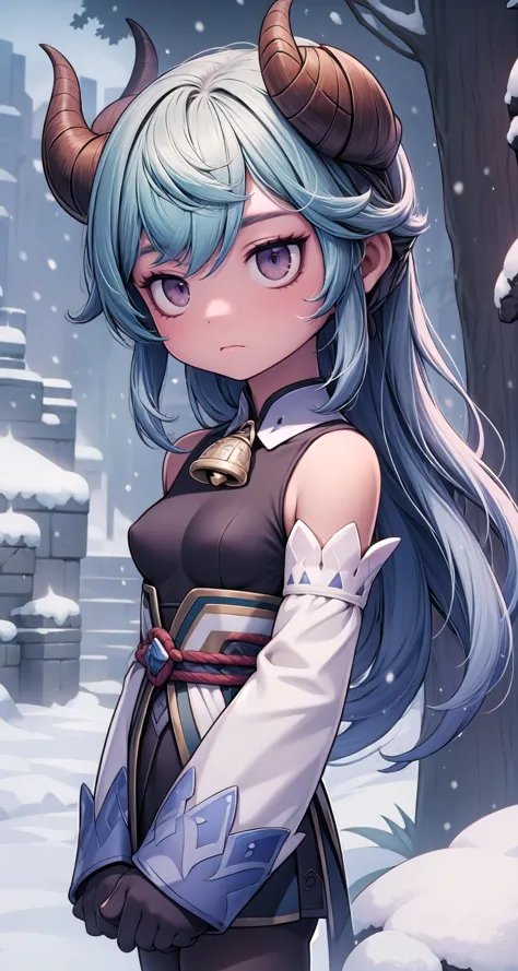 a woman with horns and a dress in the snow