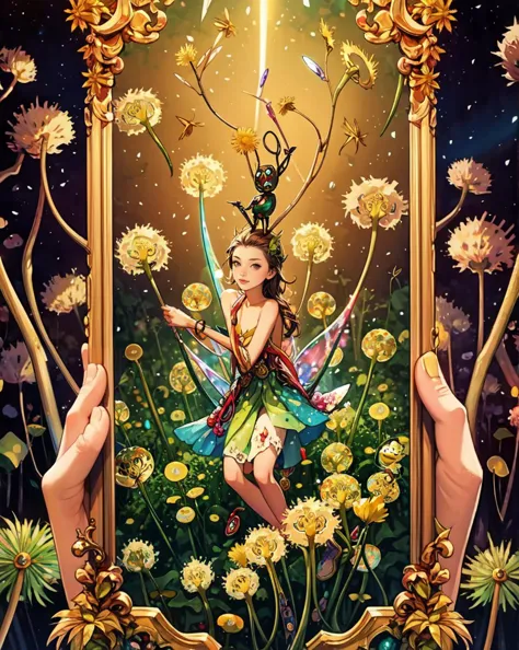 a painting of a fairy sitting in a frame with flowers