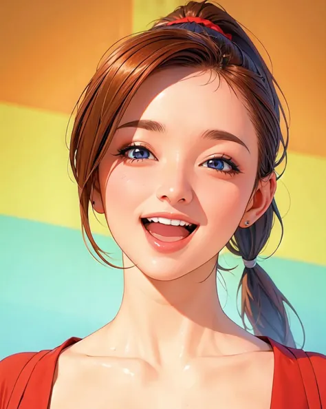 face of lady,make up,(look at viewer),ponytail,((smile eyes:0.8), open mouth:1.4),
(best quality, realistic:1.4),