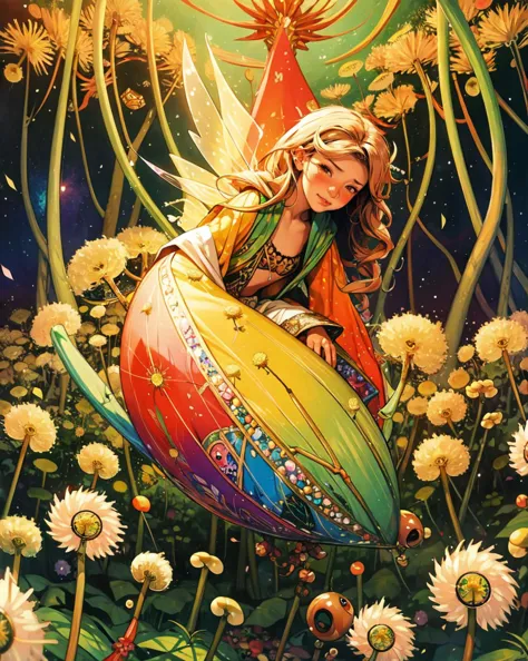 (fantasy:1.4), (Lost land of fairies),  magic, acrylic, mythological, flying fairies, night, moss, forest, (dandelions, glittering:1.4), sparkling, (Craola:1.4), patchwork, vintage, art on a cracked paper, luminism, vibrant colors, complex background