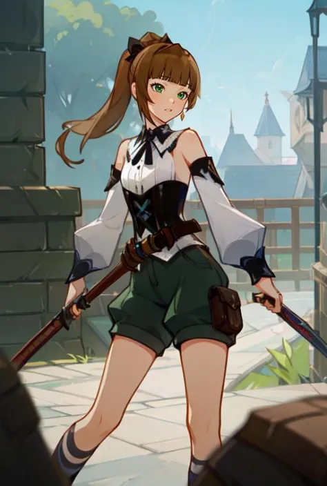 a woman in a short skirt holding a sword and a sword