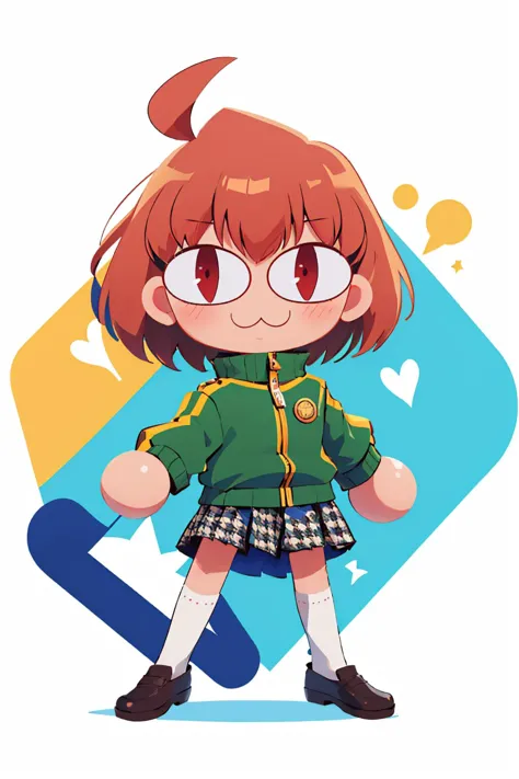 (masterpiece, best quality:1.2), chibi, solo, 1girl, necoarc, chiep4, chiedef, :3, slit pupils, green tracksuit, skirt, badge, w...