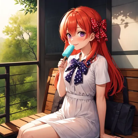 ((anime,anime_still,))masterpiece, best quality,solo,1girl, 1chiyo,sitting on bench, purple eyes,(polka dot red hair bow), small...