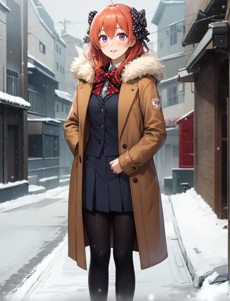 anime girl in winter coat standing on snowy street with buildings in background