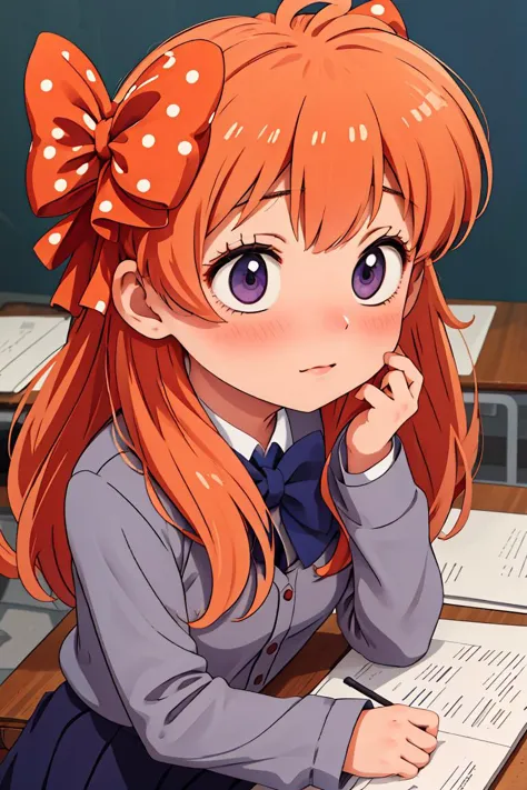 anime girl with red hair and a bow sitting at a desk