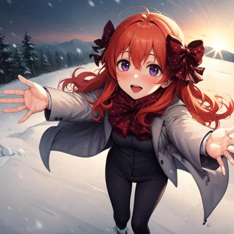 ((anime,anime_still,))masterpiece, best quality,solo,1girl, 1chiyo,standing on hill, purple eyes,((spotted red hair bow)), small breasts, orange hair,long hair,facing viewer, winter clothing from above,winter, snowing, moutains,open arms, looking up, happy, smiling, open mouth, blushing, pants, snow, 
<lora:chiyo:0.8>