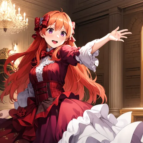 ((anime,anime_still,))masterpiece, best quality,solo,1girl, 1chiyo dance hall, purple eyes,((spotted red hair bow)), small breasts, orange hair,long hair,facing viewer, room, fancy furniture,smiling happpy, open mouth,intricate dress, frills, flower pattern, chandelier, 
detached sleeves,
ballgown, wearing a ballgown