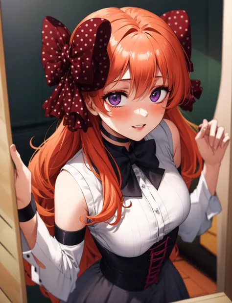 anime girl with red hair and a bow in a room