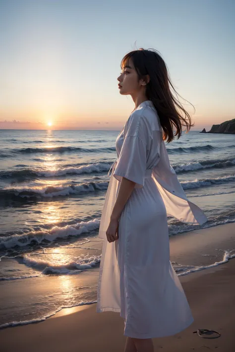 1girl,robe,beach,meditation,landscape,from side,sunset,wind
