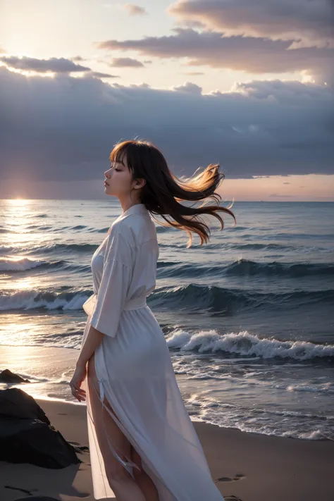 1girl,robe,beach,meditation,landscape,from side,sunset,wind