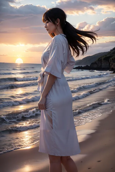 1 chica,túnica,playa,meditación,paisaje,de un lado,atardecer,viento