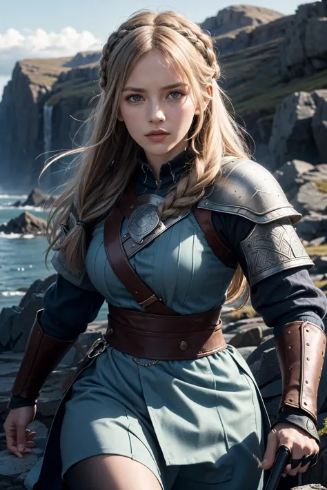 a portrait of a fierce Viking shieldmaiden, embodying bravery and resilience in a rugged landscape