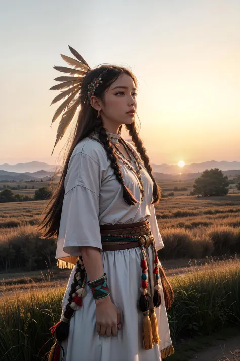 wilderness, rural, outdoors,nature,plains,sunset, dynamic pose
1girl,solo, native american,american indian, traditional clothing...